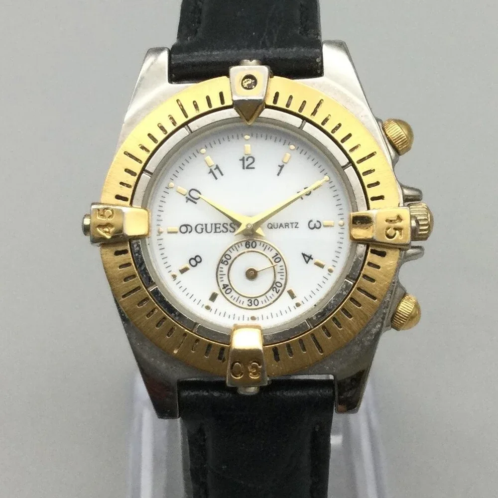Vintage Guess Womens Watch 28mm Two Tone Gold Black Leather New Battery